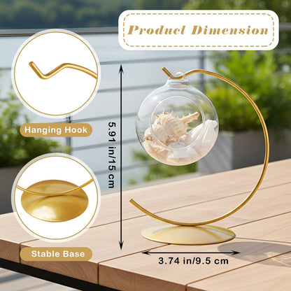 Otoolling 4 Pcs Ornament Display Stand Holder 6 Inch Tall Iron Round Christmas Air Plant Terrariums Holder Hook Crystal Witch Ball Hanging Stand for Glass Ball Christmas Wedding Home Decor (Gold)