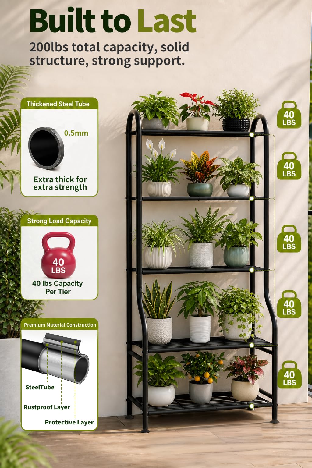 Yutrchey 5-Tier Metal Plant Stand - Heavy Duty Indoor Outdoor Flower Shelf for Multiple Pots, 65" Tall Vertical Holder with Adjustable Leveling Feet & Wall-Fixing Kits, Black