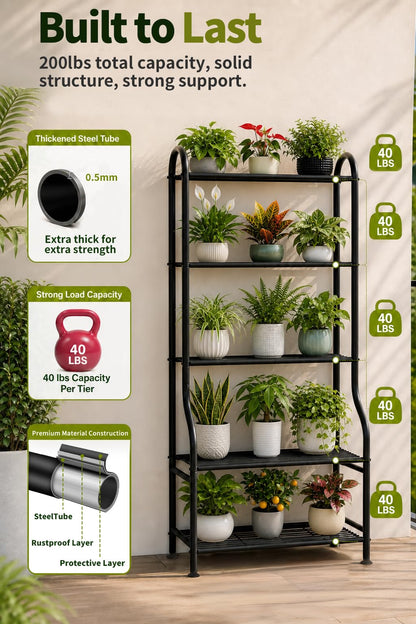 Yutrchey 5-Tier Metal Plant Stand - Heavy Duty Indoor Outdoor Flower Shelf for Multiple Pots, 65" Tall Vertical Holder with Adjustable Leveling Feet & Wall-Fixing Kits, Black