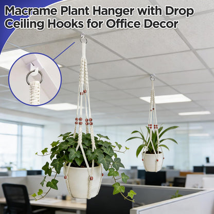 CollectHall 2 Pack Macrame Plant Hanger with Drop Ceiling Hooks, Hanging Planter with Wooden Bead, No Tassels for Indoor Outdoor Boho Office Classroom Decor, 35 Inches (Pots Not Included)