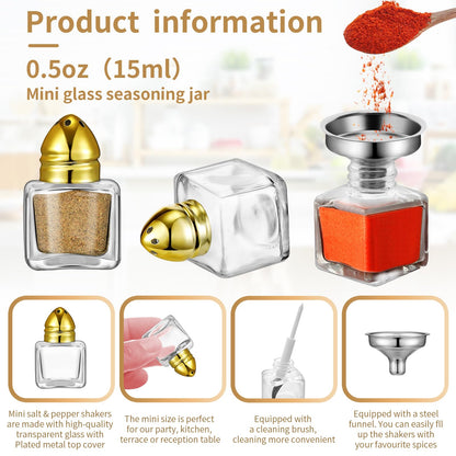 12 Pcs 0.5 oz Cube Shape Small Salt and Pepper Shakers Clear Mini Glass Seasoning Jars Spice Salt Shakers with Funnel and Storage Rack for Wedding Party Restaurant Home Kitchen (Gold)