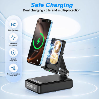 Gifts for Men Women-TechGlow Bluetooth Speaker with Phone Stand and Wireless Charger Compatible with iPhone 16 15 14 13 Pro XS 8 Plus Samsung Galaxy S25 S24 S23 Note 20 Birthday Gift Idea for Mom Dad