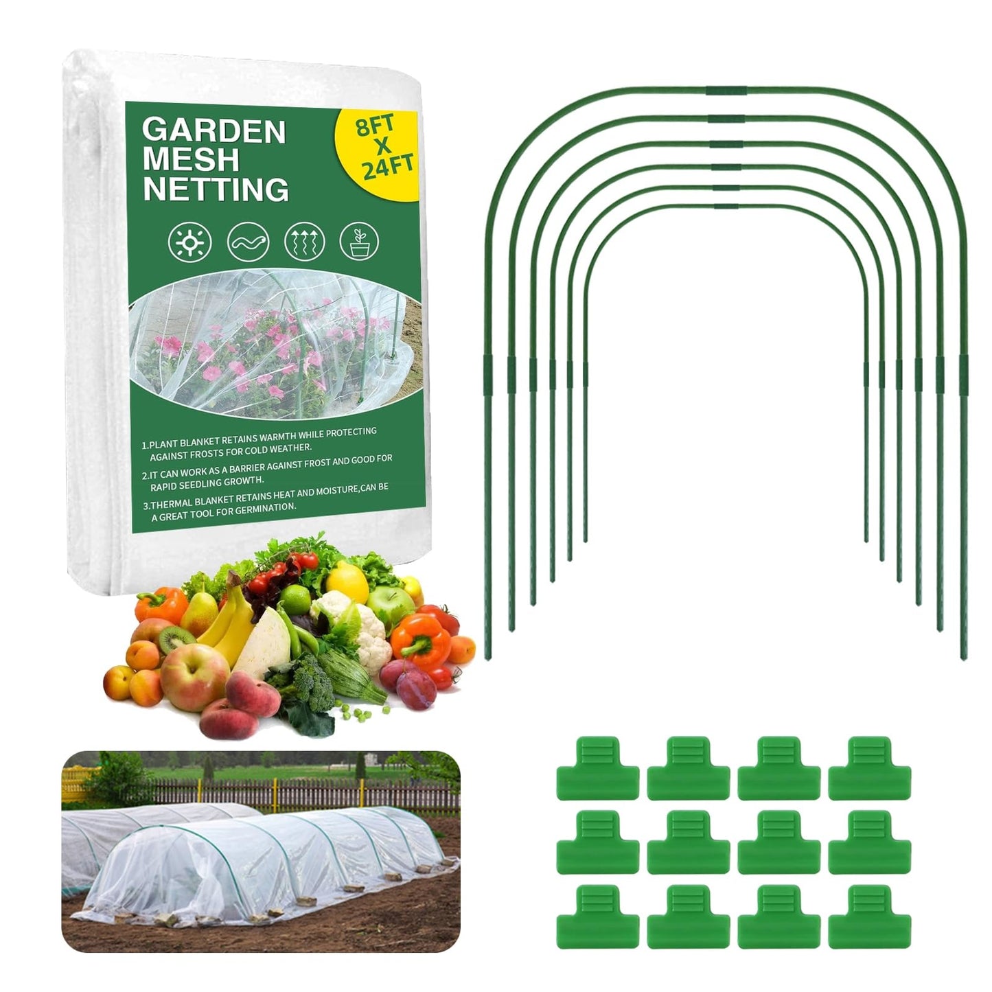 Garden Netting Kit for Raised Beds, 8x24Ft Ultra Fine Mesh Netting with 6 Sets Garden Hoops, Plant Row Cover Insect Netting Birds Pest Barrier Net for Vegetable Fruit Flowers