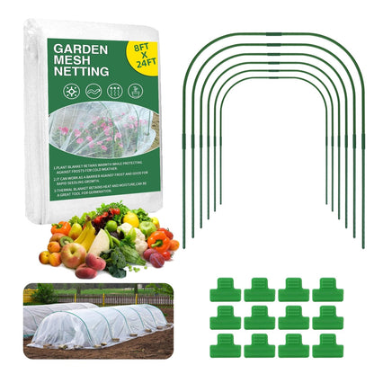Garden Netting Kit for Raised Beds, 8x24Ft Ultra Fine Mesh Netting with 6 Sets Garden Hoops, Plant Row Cover Insect Netting Birds Pest Barrier Net for Vegetable Fruit Flowers