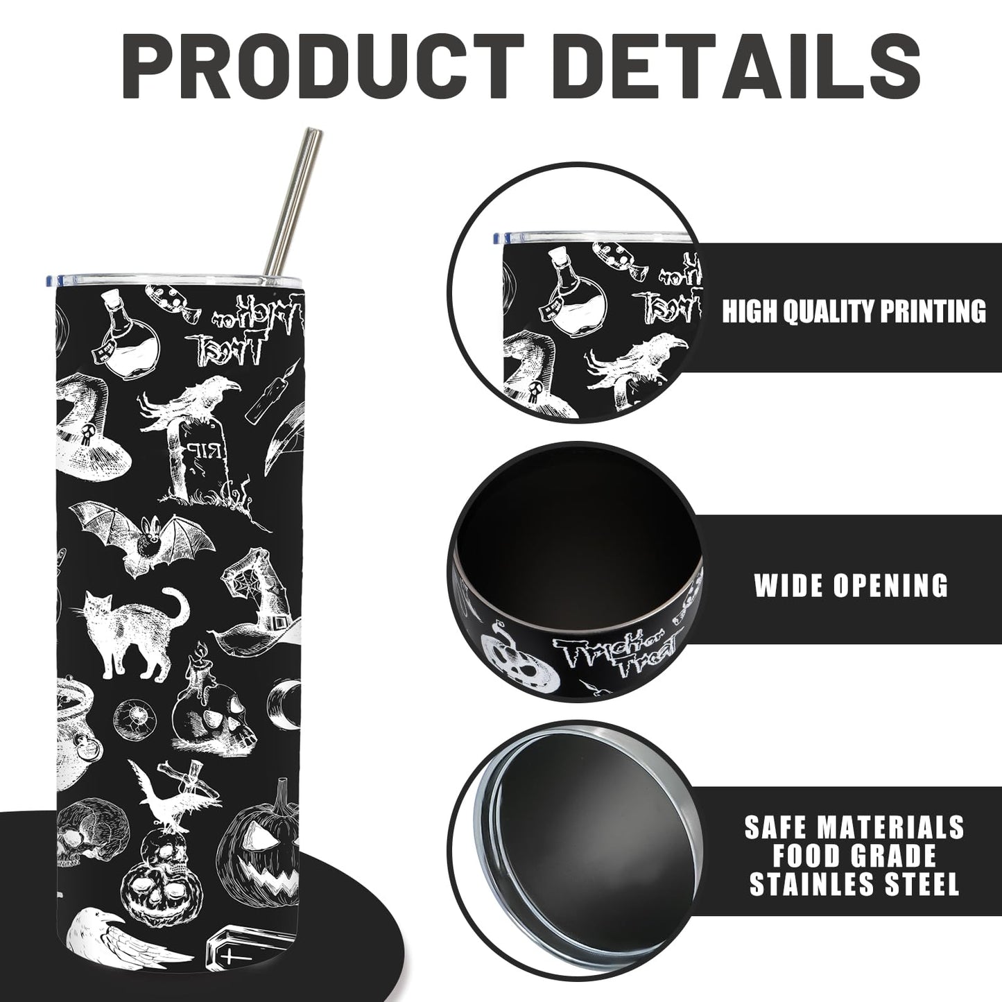 Whaline Halloween Tumbler with Lid and Straw Black White Cat Crow Stainless Steel Cup Gothic Tumbler Cup for Travel Holiday Birthday Party Gift, 20 Oz