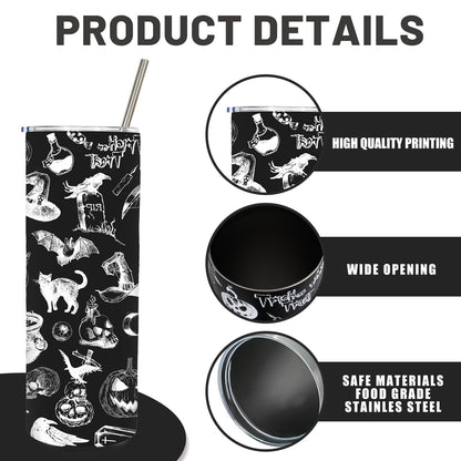 Whaline Halloween Tumbler with Lid and Straw Black White Cat Crow Stainless Steel Cup Gothic Tumbler Cup for Travel Holiday Birthday Party Gift, 20 Oz