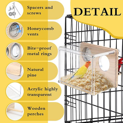Parakeet Nesting Box for Cage, High-Transparent PET Parakeet Nest, Versatile Bird Houses for Canary, Lovebird and Parrot, Bird Boxes for Nesting with Wood Perch, Bird Cage Accessories (S, Rectangle)