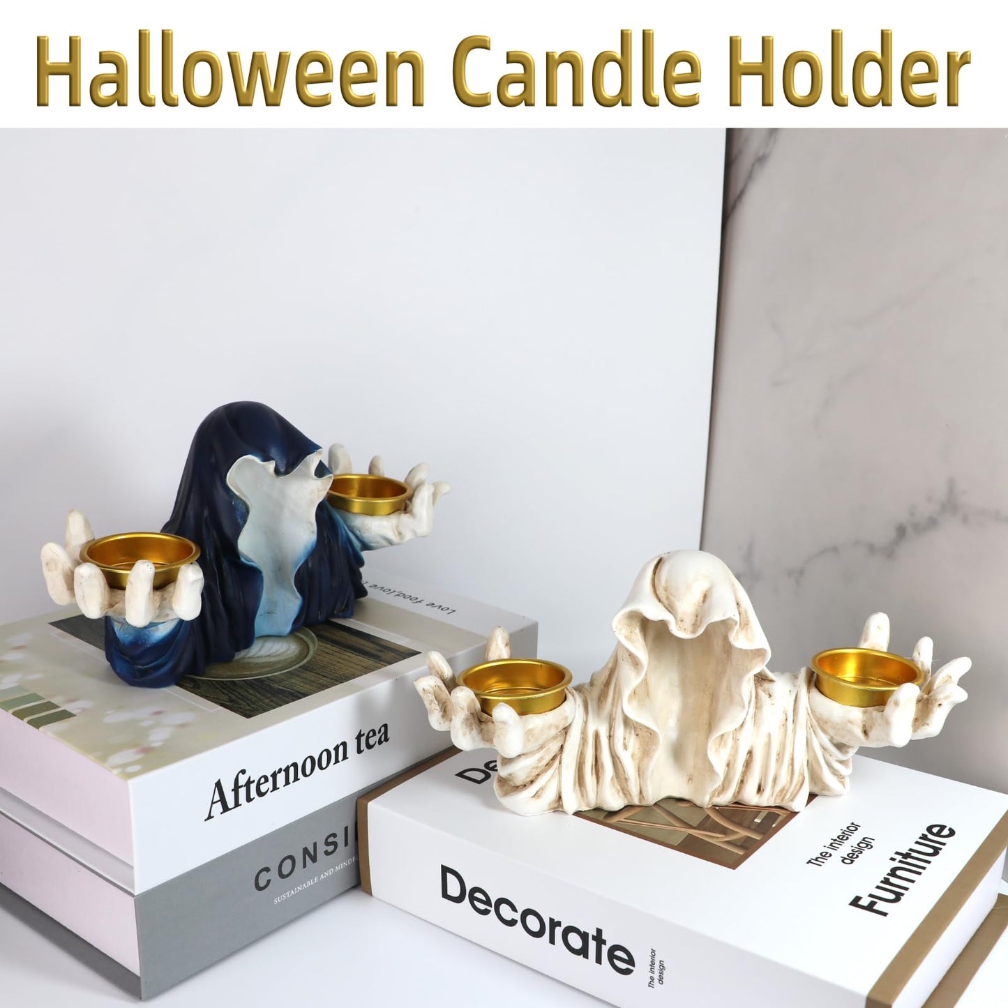 Halloween Ghost Tealight Candle Holder, Resin Gothic Candle Stand for Tabletop, White and Blue Scary Decorative Candlestick, Spooky Tea Light Holder for Haunted House, Gothic Decor (White)