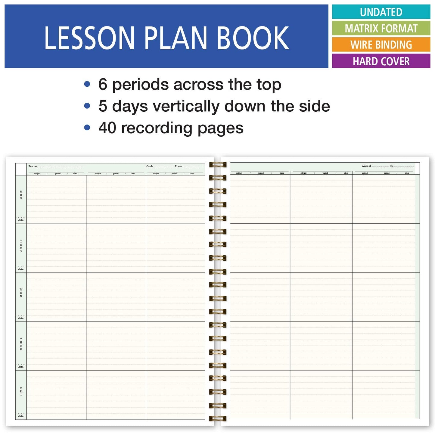 Elan Publishing Company HARDCOVER 6 Period Teacher Lesson Plan - Days Vertically Down The Side with Bonus Clip-in Bookmark (Pink Marble)