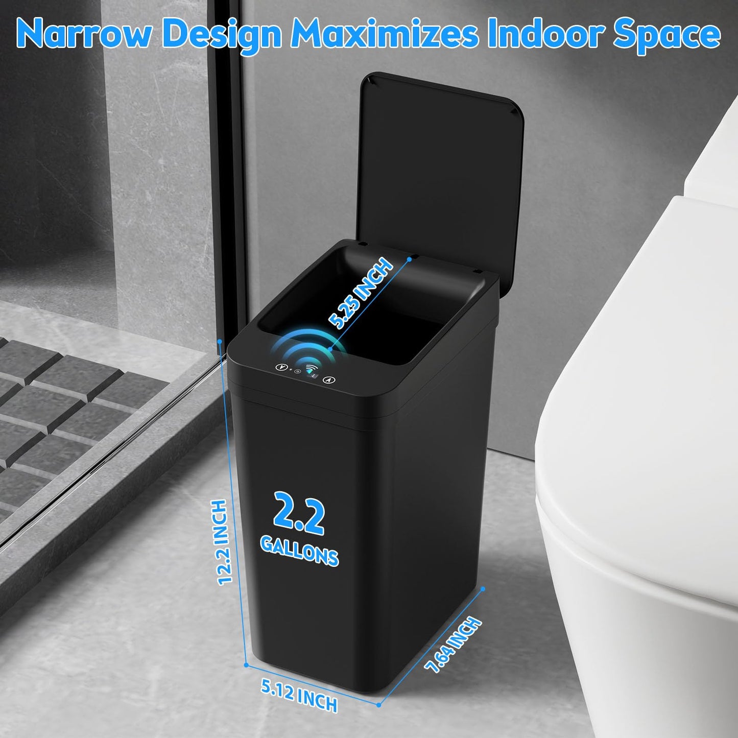 Bathroom Trash Can with Lid, KOEYLE 2 Pack 2.2 Gallon Automatic Touchless Garbage Can, Small Motion Sensor Smart Trash Can, Slim Waterproof Trash Bin for Bedroom, Bathroom, Office, Living Room (Black)
