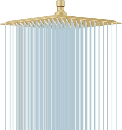 BESy 10 Inch Rain Shower Head, 10" Square Rainfall & High Pressure Stainless Steel Bath Showerhead, 1/16" Ultra Thin, Waterfall Full Body Coverage with Silicone Nozzle, Brushed Gold