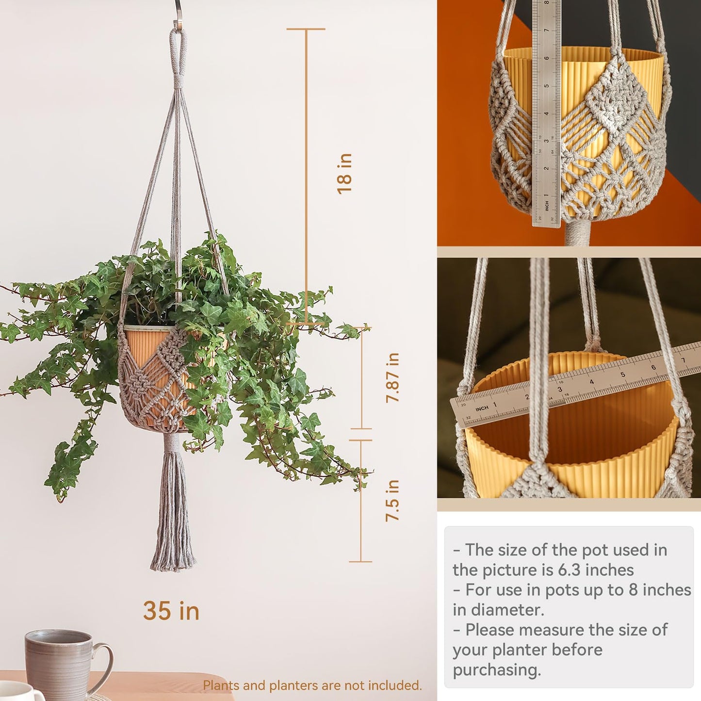 XINBOR Hanging Planter with Patterns,2Packs Macrame Plant Hangers Indoor Macrame for up to 8 inch Pot Crochet Boho Plant Hanger Holder for Indoor Outdoor with 2S Shaped Stainless Steel Hooks (Gray)