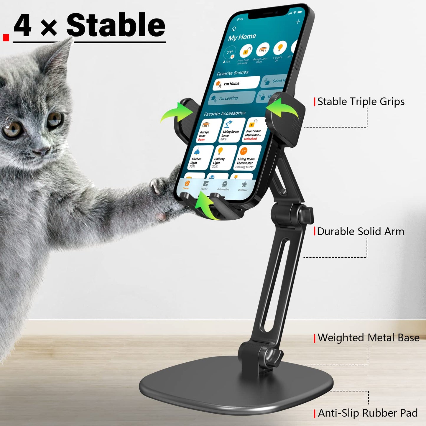 APPS2Car Phone Stand for Desk [No Dropping Stable Triple-Clamp Holder] Adjustable Height 360 Degree Rotation Heavy Base Thick Case Friendly, Multifunctional Cell Phones Stand for iPhone Android Phones