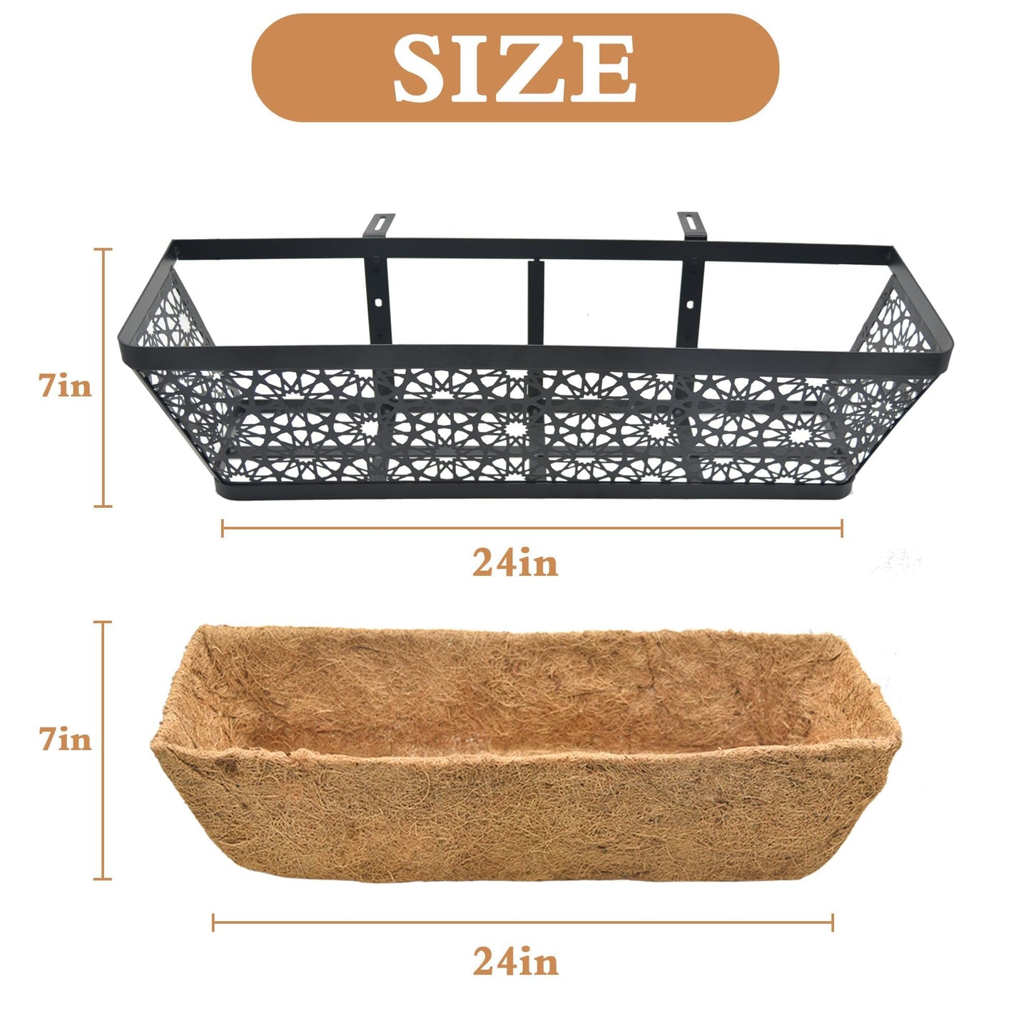 XXFBJNMD 2 Pack 24 Inch Window Boxes Planters with Coco Coir Liner Metal Hanging Flower Planter Window Basket Deck Railing Planter Boxes for Outdoor Indoor Lawn