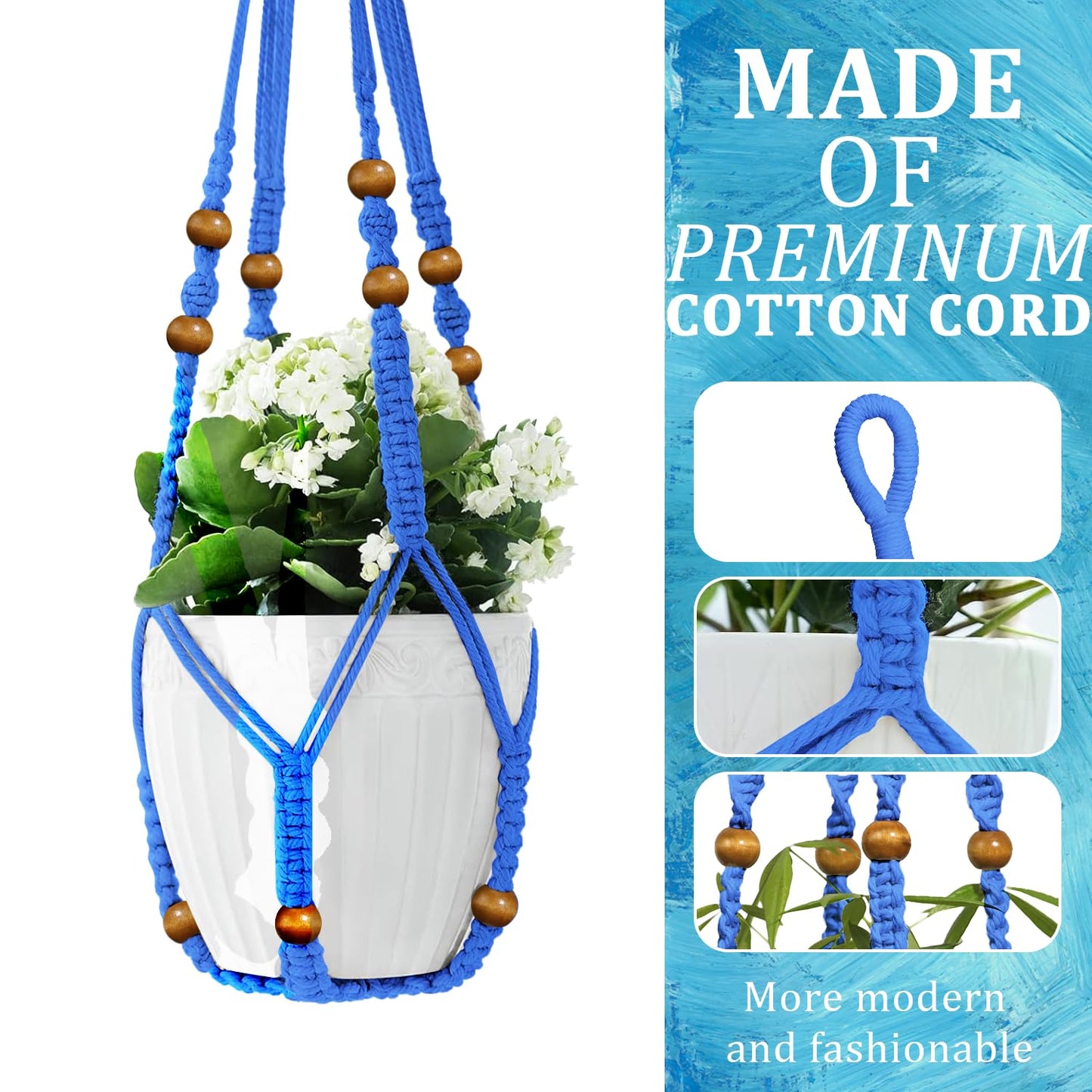 MENG ZHI AO 3 Pcs 35 Inch Macrame Plant Hanger Flower Pot Hanging Plant Holder No Tassels Decorative Hanging Planter Basket with Wood Beads for Indoor Outdoor Home Decor (Blue)