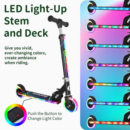 BELEEV Scooters for Kids Ages 3-12 with Light-Up Wheels & Stem & Deck, 2 Wheel Folding Scooter for Girls Boys, 3 Adjustable Height, Non-Slip Pattern Deck, Kick Scooter for Children (Black)