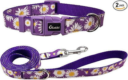 Dog Collar Leash Set, Floral Pattern, Nylon Webbing Plus Cotton Ribbon, 5ft Matching Leash, for Medium Dogs.(M, Purple Daisy)