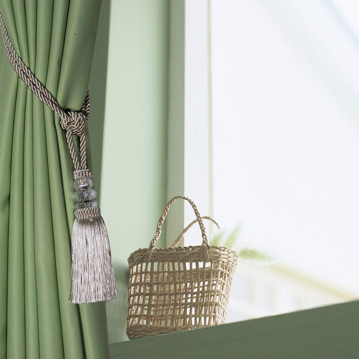 Fenghuangwu Tassel Curtain Tiebacks Handmade Curtain Tie Backs, Elegant Crystal Curtain Holdbacks for Home Office Decor (Beige, 2P)