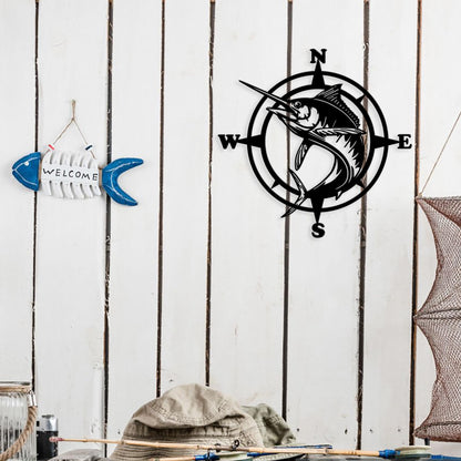 Xedatric Stylish Fishing Decor – Compass Wall Art with Jumping Swordfish, Perfect for Nautical and Marine Enthusiasts, Durable Metal Wall Sculpture for Home & Kitchen
