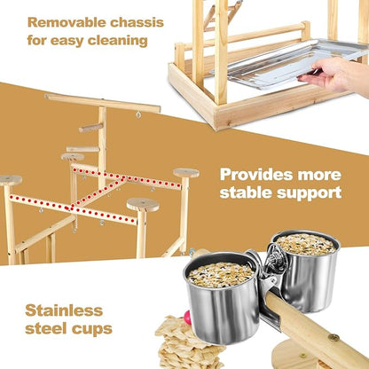 LIMIO Bird Playground - Natural Wood Parrot Playstand with Perches, Bird Play Gym & Accessories, Removable Tray & 4 Stainless Steel Cups
