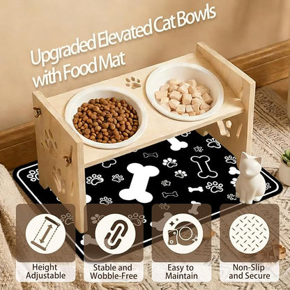 2026 New Elevated Cat Bowls with Food Mat, Adjustable Height & Angle Raised Cat & Dog Bowls Stand for Food and Water, Cat or Small Dog Feeding Station, 2 Ceramic Bowls for Cats and Puppy(Natural Wood)