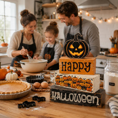 4 Pcs Halloween Tiered Tray Decor, Farmhouse Rustic Wooden Block Signs with Scary Jack-O-Lantern, Happy Halloween Pumpkin Tabletop Centerpiece for Home Kitchen Mantel Shelf