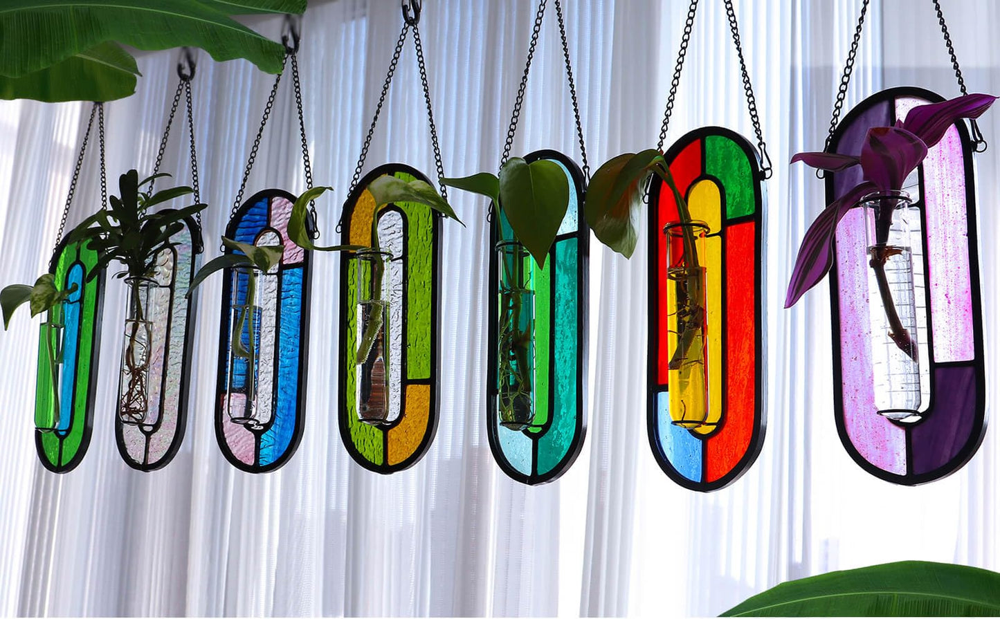LITMIND Stained Glass Plant Propagation Station, Hanging Hydroponic Planter Terrarium with 2 Glass Tubes - Perfect for Home & Garden Décor
