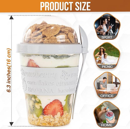 4-Pack Reusable Parfait Cups with Lids & Built-In Spoons - BPA-Free Dual-Compartment Containers for Oatmeal, Granola, Breakfast, Gym, and Travel - Leakproof & Dishwasher Safe - (20 oz)