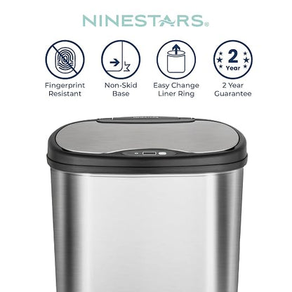 Ninestars 13 Gallon Oval Automatic Trash Can, 50L Touchless Motion Sensor Garbage Can with Odor-Sealing Lid & One-Touch Manual Mode, Silver Stainless Steel, Black Trim