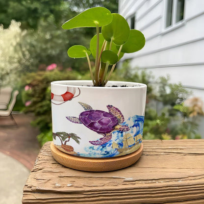 DreamAutumn Ocean Theme Sea Turtle Planter Ceramic Round Plant Pots with Drainage Holes and Bamboo Tray Planting Small Flower Pots for Home Windowsill Desk Garden Indoor Outdoor Use
