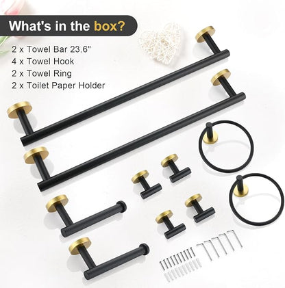 TQKAG Black and Gold Bathroom Hardware Accessories Set 10-Pieces, Premium SUS304 Stainless Steel Bathroom Towel Bar Holder Set 23.6 Inch Round Towel Racks for Bathroom Wall Mounted