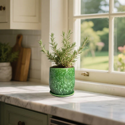 Chralji GIFTWARE 6 in Ceramic Plant Pot with Saucer，Indoor Plant Pot for Plants, Flower Pot with Drainage，Reactive Glaze Green