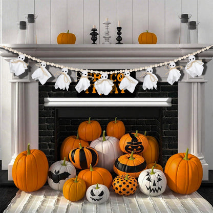 KIMPOK 8Ft Halloween Banner Garland with Cute White Ghosts & Wooden Beads, Handmade Rustic Halloween Decor for Wall, Indoor & Outdoor, Doorways & Mantel Decoration