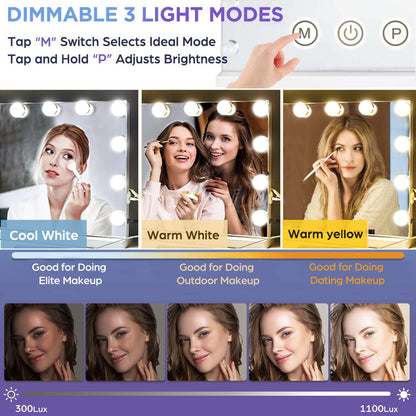 M MIVONDA Hollywood Vanity Mirror with Dimmable 15LED Bulbs Lights 3 Lighting Modes 2in1 Large Lighted Makeup Mirror for Desk and Wall with Plug-in and USB Charger Port
