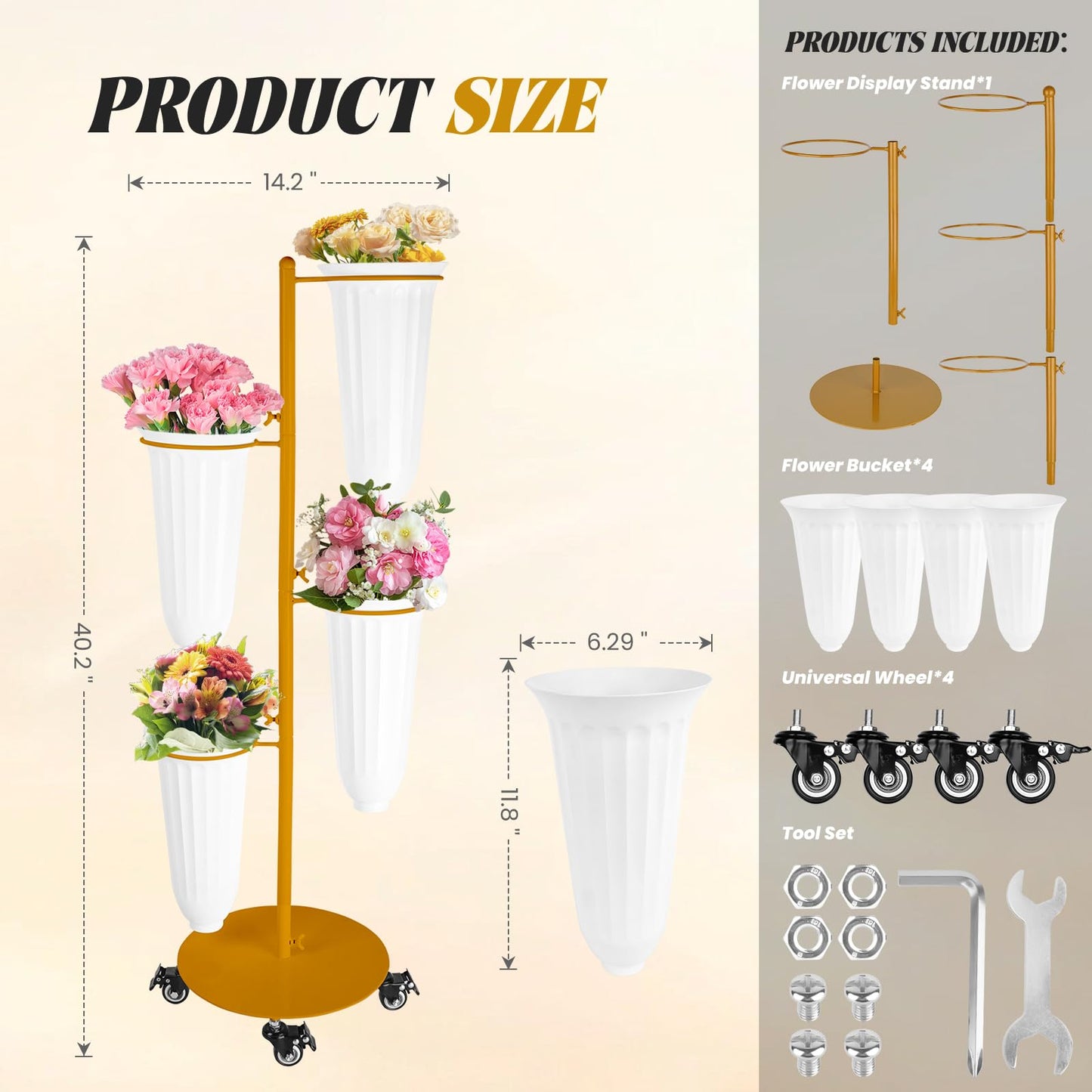 LEALIBAUSS Metal Flower Bar Stand With 4 Buckets Flower Cart Display Stand with Wheels Floral Bar for Wedding,Garden Events Party Decor (GOLD)
