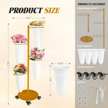 LEALIBAUSS Metal Flower Bar Stand With 4 Buckets Flower Cart Display Stand with Wheels Floral Bar for Wedding,Garden Events Party Decor (GOLD)