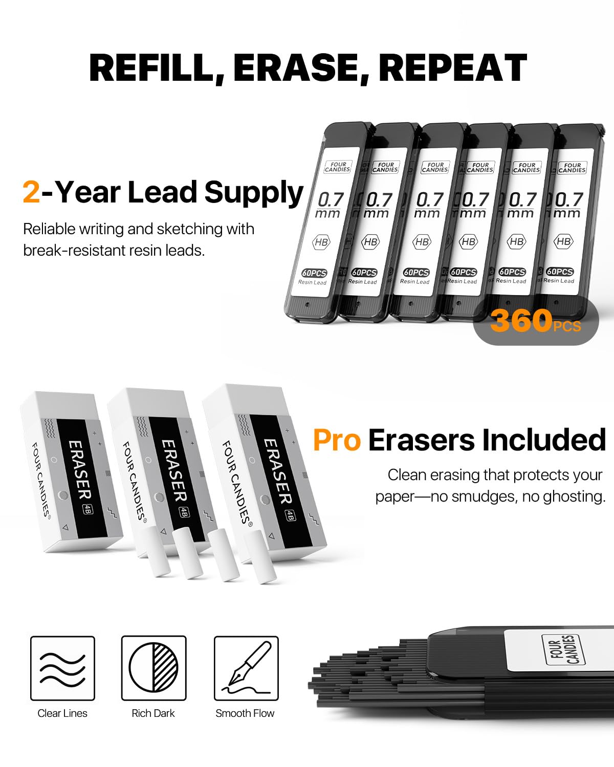 Four Candies Metal Mechanical Pencil Set - 6PCS 0.7mm Art Mechanical Pencils & 360PCS HB Lead Refills & 3PCS Erasers & 9PCS Eraser Refills, Drawing Mechanical Pencils for Writing, Sketching/With Case