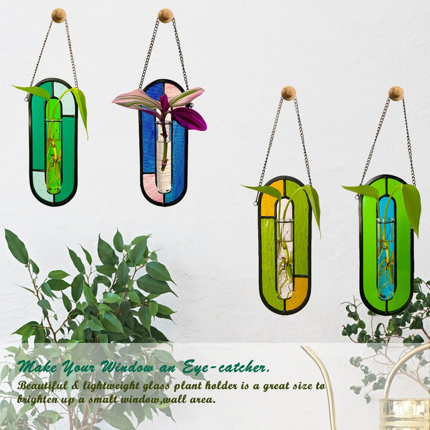 LITMIND Stained Glass Plant Propagation Station, Hanging Hydroponic Planter Terrarium with 2 Glass Tubes - Perfect for Home & Garden Décor