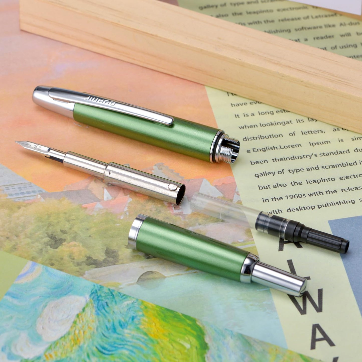 Jinhao 10 Press Fountain Pen with Box, Sea Pine Green Retractable Extra Fine Nib with Ink Converter Set (Silver Clip)