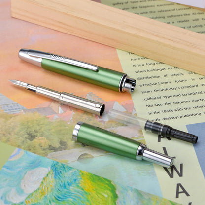 Jinhao 10 Press Fountain Pen with Box, Sea Pine Green Retractable Extra Fine Nib with Ink Converter Set (Silver Clip)