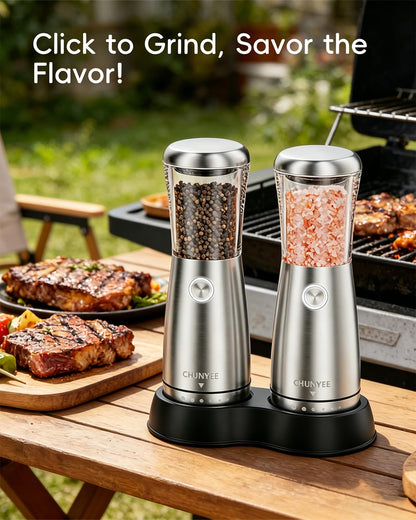 Electric Salt and Pepper Grinder Set - Automatic Stainless Steel Rechargeable Salt and Pepper Grinder Set with Storage Base, Large Capacity, LED Light & Adjustable Coarseness, Ideal Kitchen Gadget