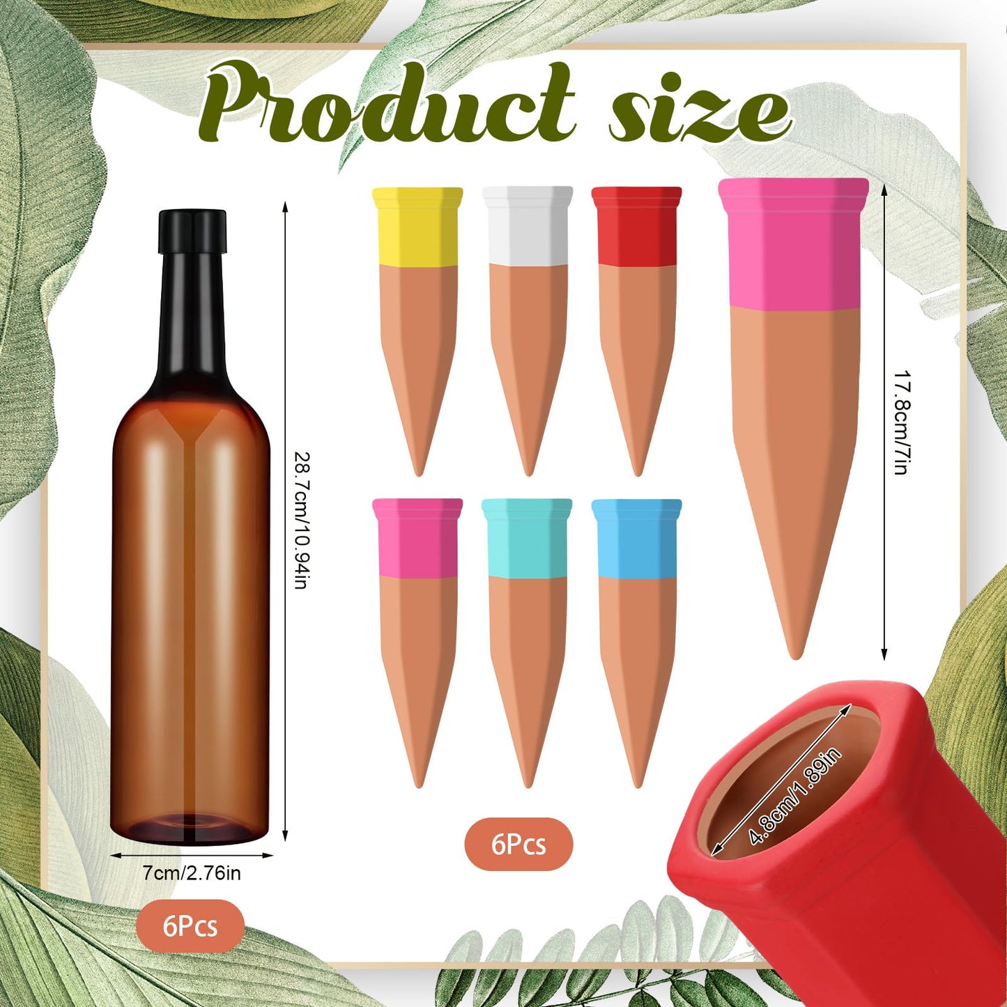 SiliFine 6 Sets Plant Watering Devices Include Terracotta Self Watering Spikes and 26 oz Plastic Bottles, Slow Release Vacation Insert Automatic Plant Waterer Device (Brown and Mixed Color)
