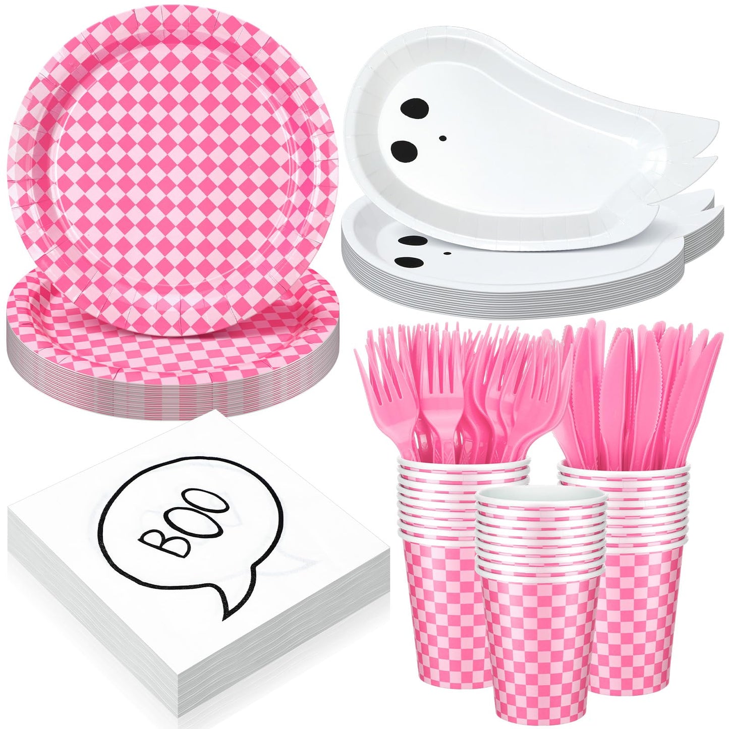 Yungyan 144 Pcs/24 Set Summer Halloween Paper Plates and Napkins Boo Ghost Plates Pink Cups with Forks and Knife Halloween Party Tableware Set for Spooky Birthday Party Decoration Boo Baby Shower