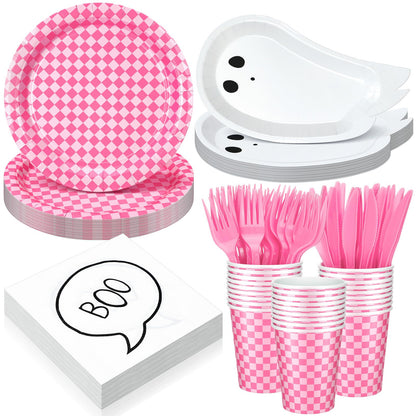 Yungyan 144 Pcs/24 Set Summer Halloween Paper Plates and Napkins Boo Ghost Plates Pink Cups with Forks and Knife Halloween Party Tableware Set for Spooky Birthday Party Decoration Boo Baby Shower
