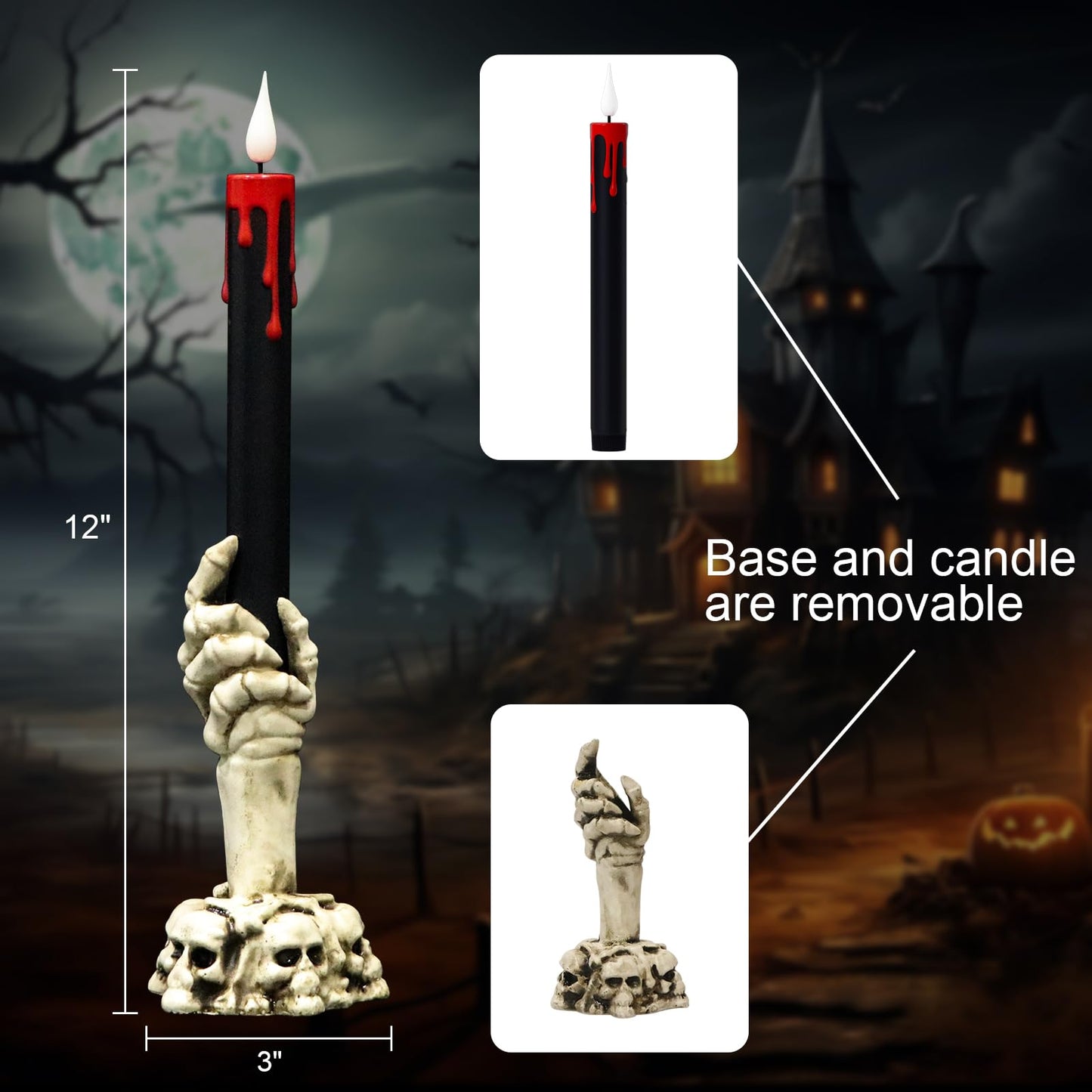 KunSwenn Halloween Flameless Taper Candles with Ghost Hand Candlesticks and Remote Timer, Black Led Taper Flickering Battery Operated Candles with 3D Flame for Halloween Spooky Decoration