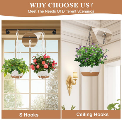 3 Pack Hanging Planters for Indoor Plants, 10 + 10 + 8 Inch Self-Watering Hanging Plant Pot, Macrame Plant Hanger with Pot, Ceiling Hooks, Removable Saucer and Drainage Holes for Garden Home - White