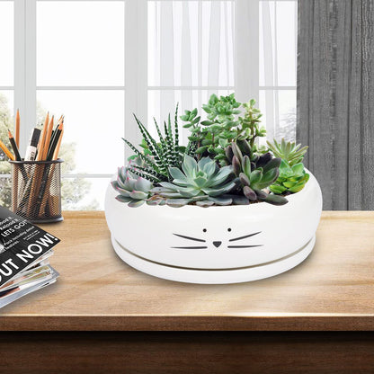 Koolkatkoo 8 Inch Large Cute Cat Ceramic Succulent Planter Pots with Removable Saucer Unique Porcelain Cactus Planters Decorative Flower Pot for Cat Lovers White