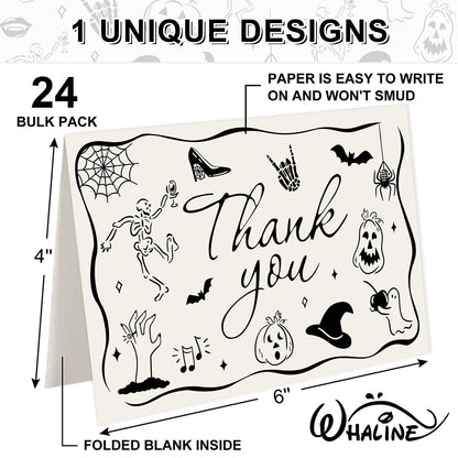 Whaline 24 Pack Halloween Thank You Cards Black Skeleton Pumpkin Ghost Thank You Greeting Note Card with Envelope Sticker for Birthday