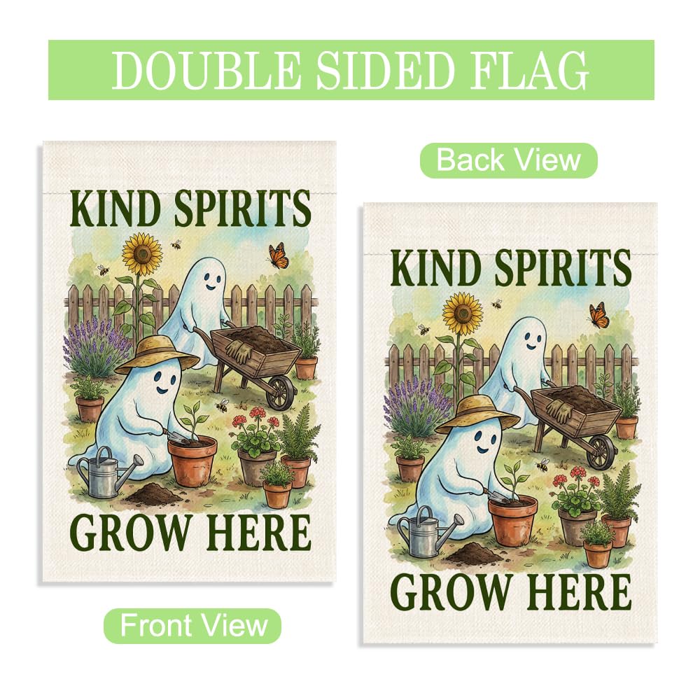 WHTYEFZ Kind Spirits Grow Here Garden Flag, Halloween Ghost Gardening Decor, 12 x 18 Inch Double Sided Cute Floral Planting Yard Flag, Halloween Gifts for Gardener Neighbor Friend Family Plant Lover
