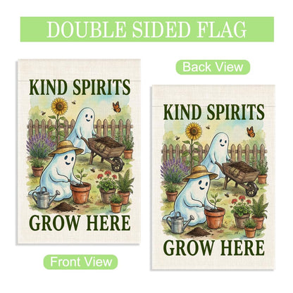 WHTYEFZ Kind Spirits Grow Here Garden Flag, Halloween Ghost Gardening Decor, 12 x 18 Inch Double Sided Cute Floral Planting Yard Flag, Halloween Gifts for Gardener Neighbor Friend Family Plant Lover